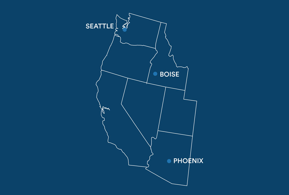 Map showing locations in Seattle, Boise, and Phoenix