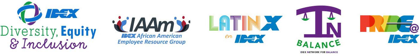 5 logos - IDEX Diversity, Equity & Inclusion, IAAm IDEX African American Employee Resource Group, LatinX en IDEX, InBalance, Pride IDEX